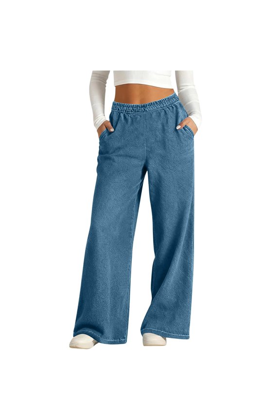 Women's Imitate Washing Jean Pants Wide Leg Elastic Waisted Loose Soft Comfort Denim Texture Casual Trousers for Spring and Summer Stylish Bottoms with Pockets Light Blue XXL
