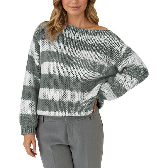 Arlun Women's Knit Striped Sweaters Oversized Color Clock Long Sleeve Crewneck Pullover Sweater Cute Loose Fit Comfortable Fall Winter Trendy Sweater Tops Green M