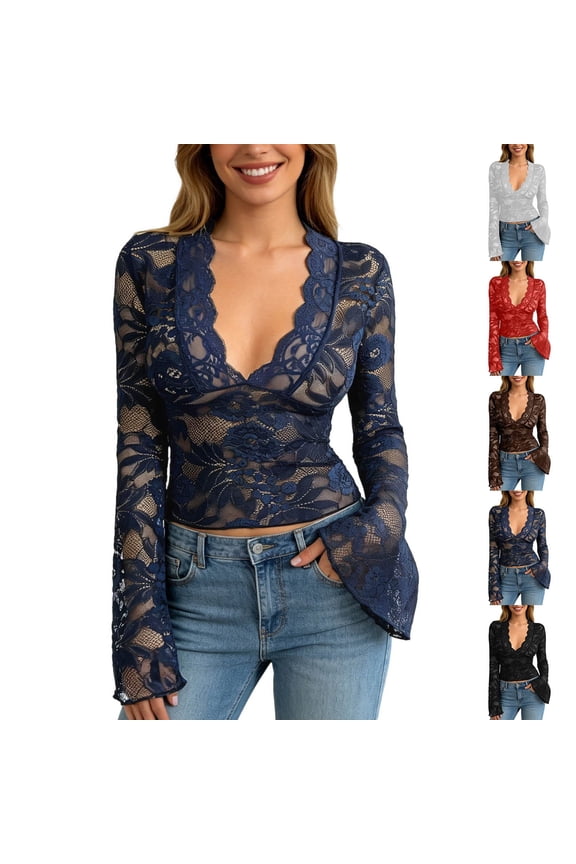 Women's Lace Blouse Wave Deep V-Neck Flared Sleeves Tight Top Elegant Lace Floral See Through Slim Fit Mesh Sheer Crop Tops for Party Clubwear and Everyday Layering 1-Black M