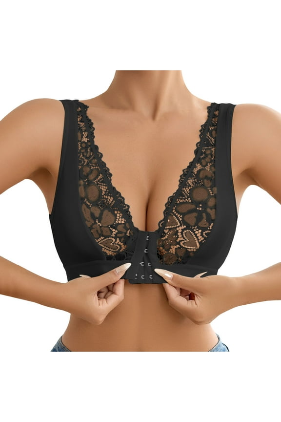 ,Women's Lace Front Closure Bras Wireless Lightweight Breathable Deep V See Through Push up Bralettes Comfortable Full Coverage Front Hook Sports Bras Black L