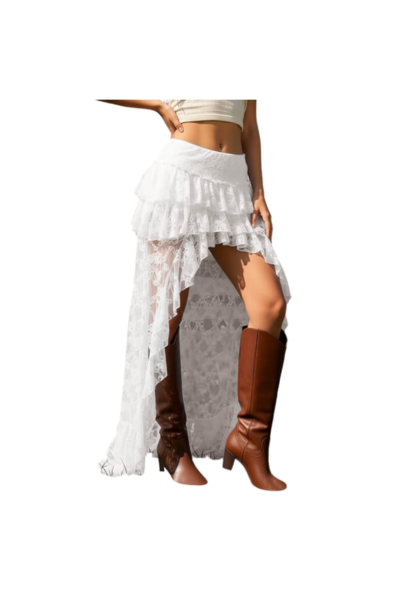 Women's Lace Tiered Layered High Low Skirts Low Rise A Line Ruffle Boho Maxi Skirt Sheer Mesh Cowgirl Vacation Outfits Lightweight Comfy Clothes White S