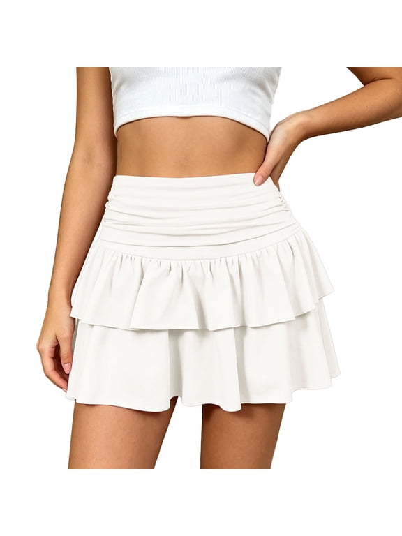 Women's Layered Ruffle Mini Skort Skirt Ruched Fold Low Waist Stretchy Cute Cake Skirts with Shorts Underneath Solid Color Soft Comfort Layered Y2k Style Summer Skorts White M