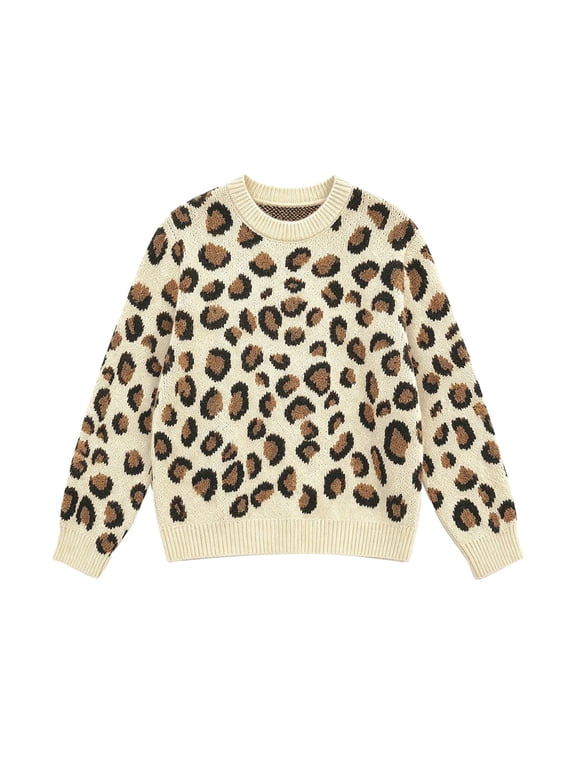 Women's Leopard Print Pullover Sweater Oversized Crew Neck Long Sleeve Knit Sweaters Y2k Trendy Soft Comfortable Warm Fall Winter Fashion Work Going out Jumper Tops White M