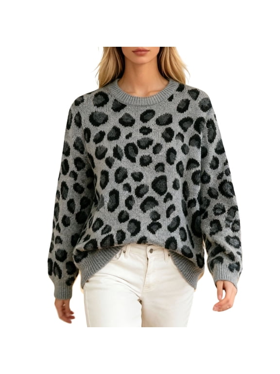 Women's Leopard Print Pullover Sweater Oversized Crew Neck Long Sleeve Knit Sweaters Y2k Trendy Soft Comfortable Warm Fall Winter Fashion Work Going out Jumper Tops Grey S