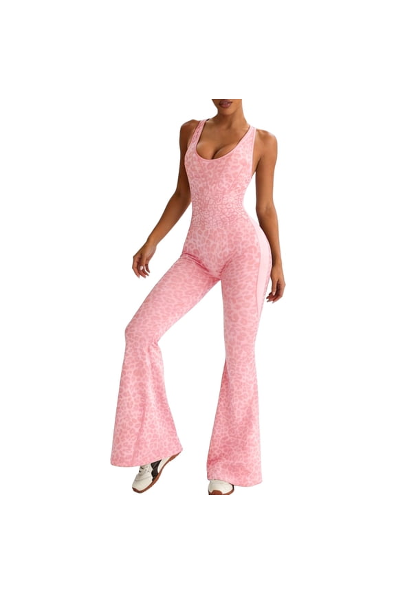 Women's Leopard Print Stretch Seamless Yoga Jumpsuits Smooth Soft Comfort Sleeveless Bell-Bottoms Summer Workout Jumpsuit Lightweight Breathable for Casual Wear Pink S