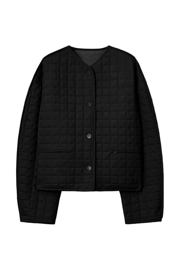 Women's Lightweight Quilted Puffer Jackets Casual Collarless Long Sleeve Button down Coat Outerwear Soft Comfortable Warm Solid Color Basic Fall Winter Clothes Black M