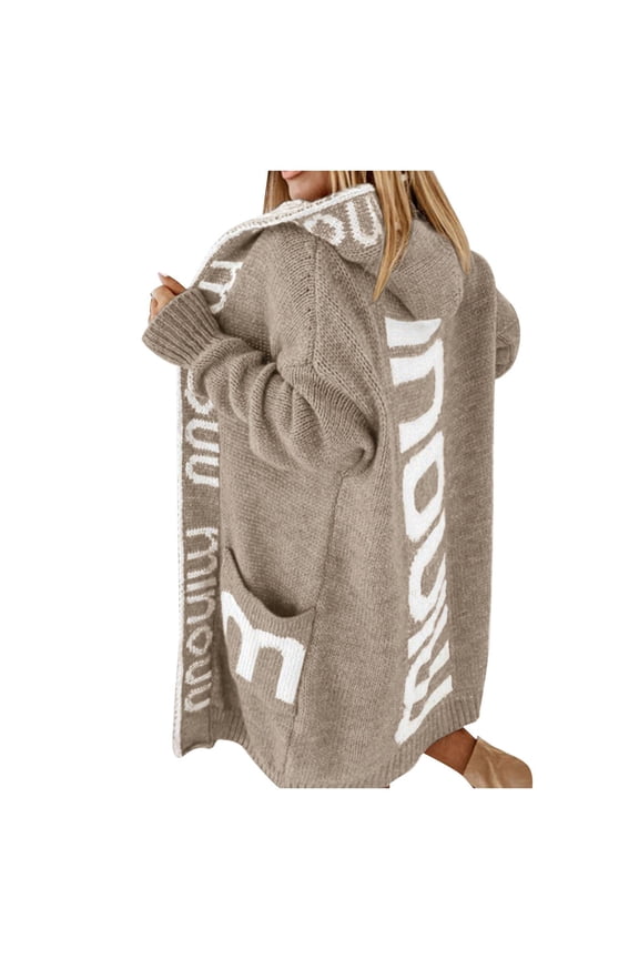 Women's Long Cardigan Sweaters Trendy Letter Printed Oversized Open Front Hooded Knit Coats Loose Fit Long Sleeve Winter Cardigans Outwear with Pockets Khaki M