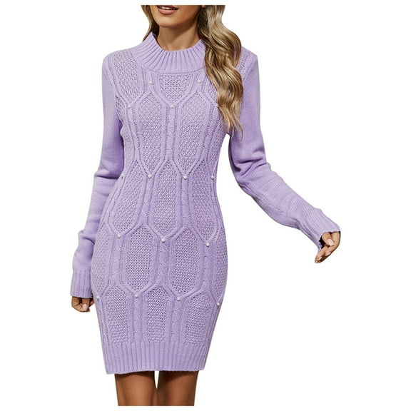Arlun Women's Long Sleeve Knit Sweater Dress Crew Neck Soft Stretchy Bodycon Short Dress for Fall and Winter Season Wear Plus Size Elegant Aran Sweaters Outfits Purple XL