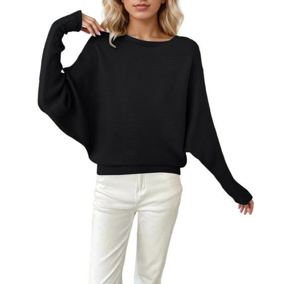 Arlun Women's Long Sleeve Sweaters Boat Neck Batwing Sleeves Ribbing Knitted Pullovers Tops Solid Color Loose Fit Soft Comfortable Casual Sweaters for Women Black XXXL