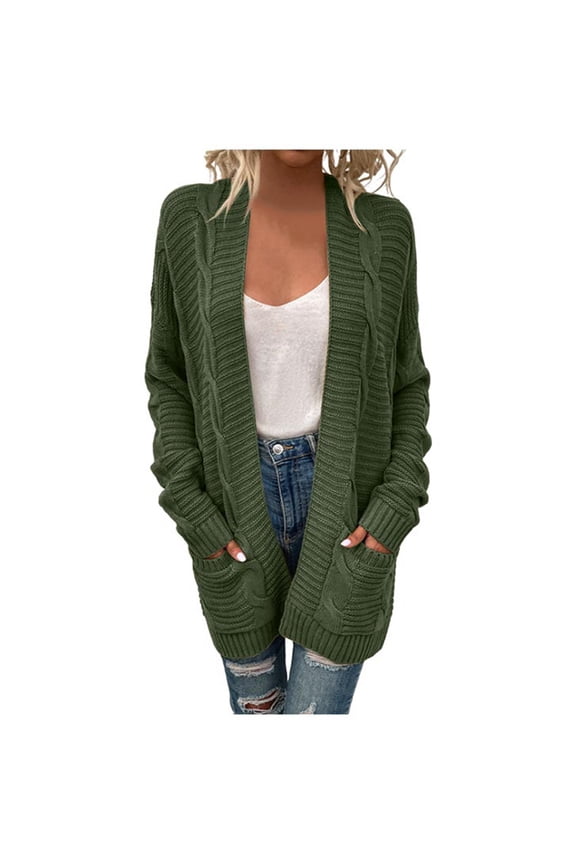 Women's Long Sweaters Cardigan Trendy Open Front Cable Knitted Plain Thick Coat Ladies Soft Comfortable Long Sleeve Warm Loose Cardigans 2025 Fashion Winter Clothes Green L