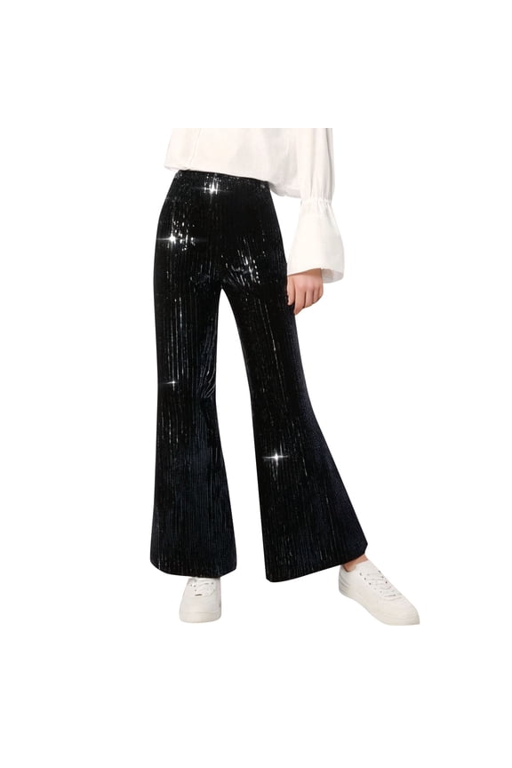 Women's Mardi Gras Pants Trendy Sparkly Sequin Wide Leg Flared Pant Stretch High Waisted Soft Comfort Glitter Club Party Trousers Stylish Bottoms for Rave Festival 2-Black M
