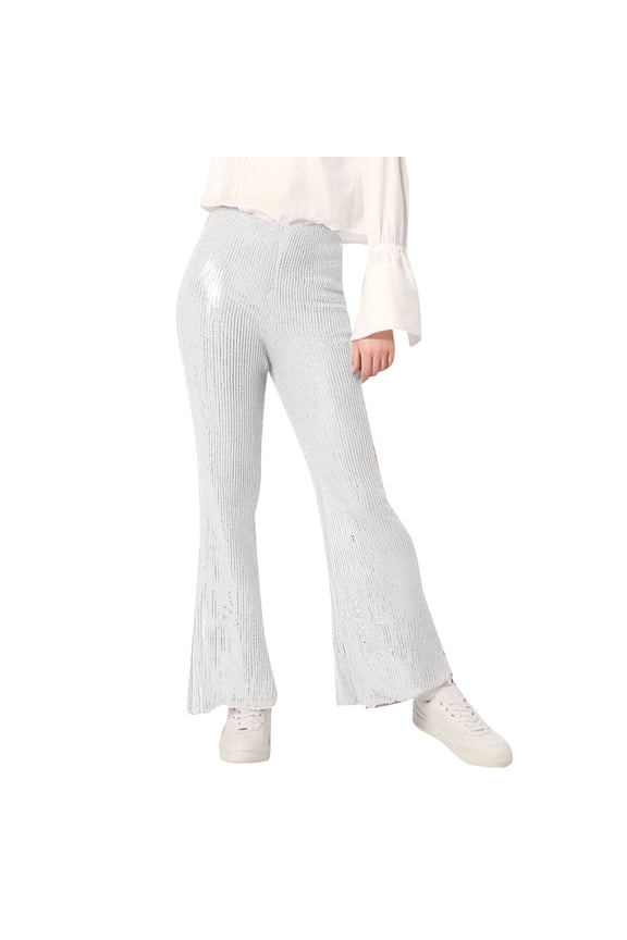 Women's Mardi Gras Pants Trendy Sparkly Sequin Wide Leg Flared Pant Stretch High Waisted Soft Comfort Glitter Club Party Trousers Stylish Bottoms for Rave Festival 2-White XL