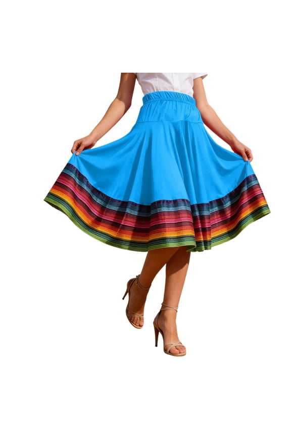 Women's Mexican Midi Skirts Plus Size Elastic High Waist Folklorico Dance Skirts Fashion Colorful Printed Loose Flowy Pleated Skirt 2026 Bohemian Summer Casual Wear Sky Blue XXXXXL