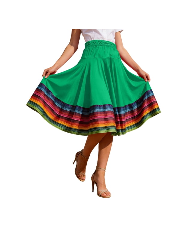 Women's Mexican Midi Skirts Plus Size Elastic High Waist Folklorico Dance Skirts Fashion Colorful Printed Loose Flowy Pleated Skirt 2026 Bohemian Summer Casual Wear Green XXXXXL