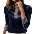thumbnail image 1 of Arlun Women's Neck Velvet Tops Long Sleeve Dressy Work T-Shirts Casual Fashion Comfy Rhinestone Velour Plus Size Blouse Base Layer Tee for Warmth and Style Blue XXL, 1 of 7