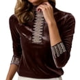 thumbnail image 1 of Arlun Women's Neck Velvet Tops Long Sleeve Dressy Work T-Shirts Casual Fashion Comfy Rhinestone Velour Plus Size Blouse Base Layer Tee for Warmth and Style Coffee XXL, 1 of 8