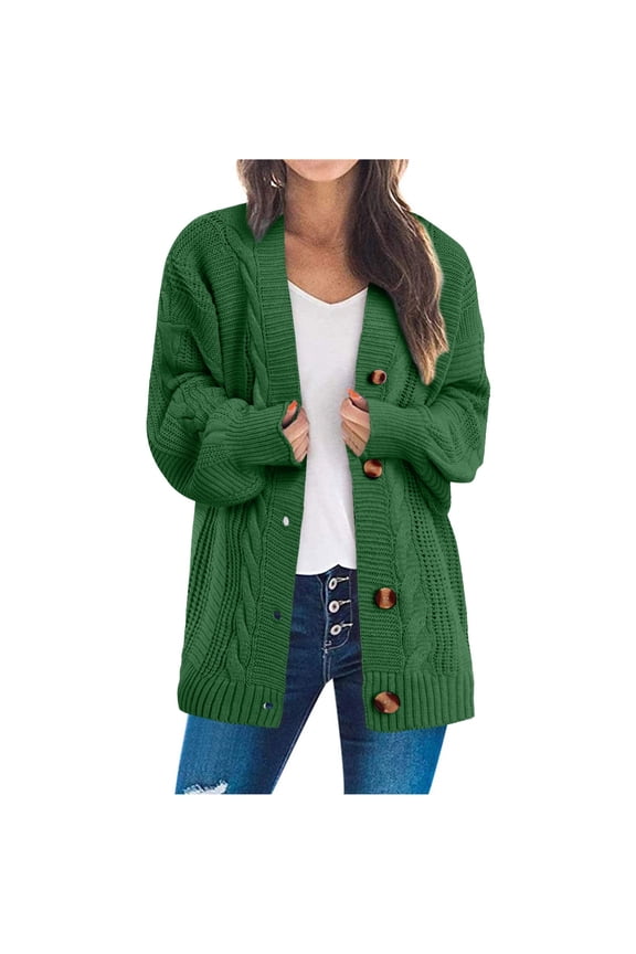 Women's Open Front Cardigan Sweaters 2025 Fashion Button down Cable Knit Aran Outerwear Coats Solid Color Long Sleeve Loose Fit Winter Clothing for Women Green M