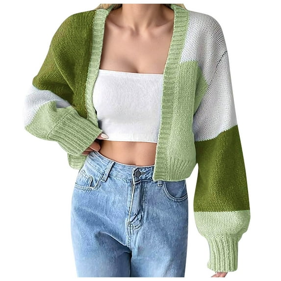 Arlun Women's Open Front Cropped Cardigan Sweaters Colorful Long Sleeve Knit Tops Soft Comfortable Trendy Color Block Lantern Sleeves Short Cardigans Outwear Green XL