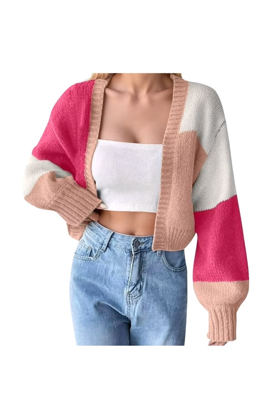 Women's Open Front Cropped Cardigan Sweaters Colorful Long Sleeve Knit Tops Soft Comfortable Trendy Color Block Lantern Sleeves Short Cardigans Outwear Red XXL