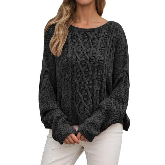 Arlun Women's Oversized Cable Knit Crewneck Sweaters Drop Shoulder Long Sleeve Loose Fit Pullover Sweater Comfort Crochet Ribbed Knit Casual Tops Black XL