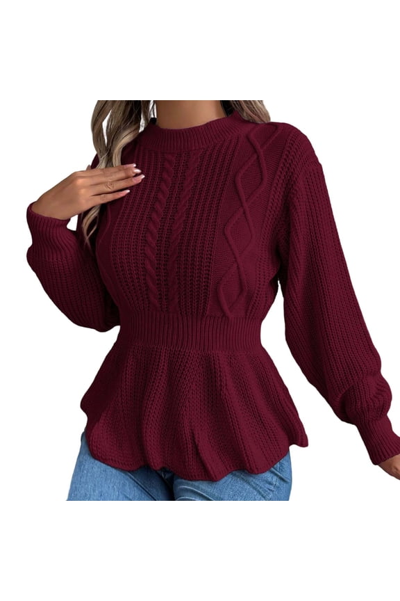Women's Peplum Waist Knit Sweaters Crewneck Long Sleeve Pullovers Cozy Warm Soft Elegant Fall Winter Comfortable Fashion Outdoor Wear Tops L