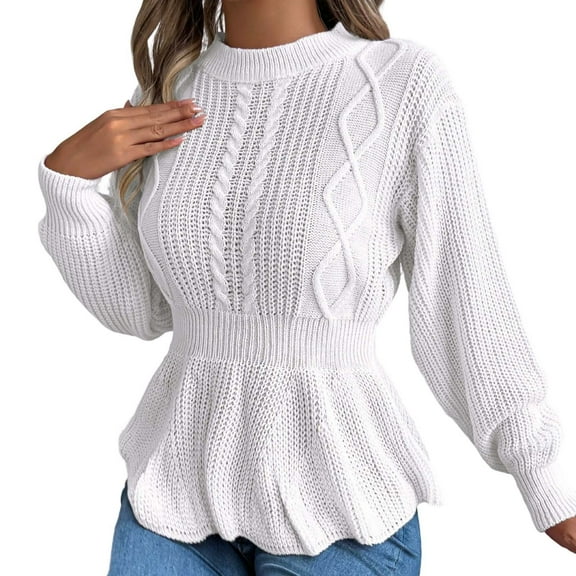 Arlun Women's Peplum Waist Knit Sweaters Crewneck Long Sleeve Pullovers Cozy Warm Soft Elegant Fall Winter Comfortable Fashion Outdoor Wear Tops White L