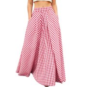 Arlun Womens Plaid Gingham Maxi Skirts High Waist A Line Pleated Flared Summer Casual Swing Long Skirts 2026 Trendy Loose Fit Comfort Checked Skirt for Red M