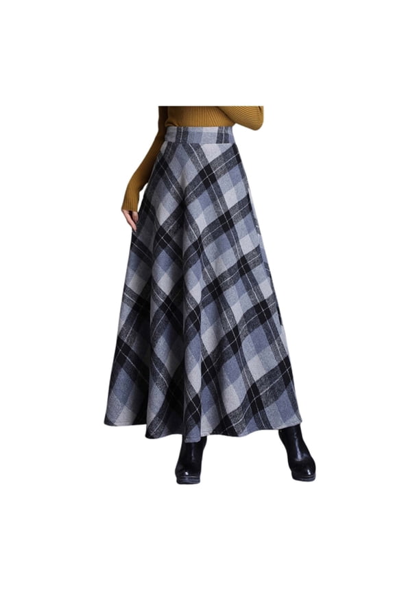 Women's Plaid Maxi Skirts Warm Elastic High Waist Wool A-Line Pleated Tartan Winter Long Skirts Soft Comfort 2025 Fashion Checkered Print Kilt Long Dress Grey XXL