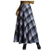 Arlun Womens Plaid Maxi Skirts Warm Elastic High Waist Wool A-Line Pleated Tartan Winter Long Skirts Soft Comfort 2025 Fashion Checkered Print Kilt Long Dress Grey S