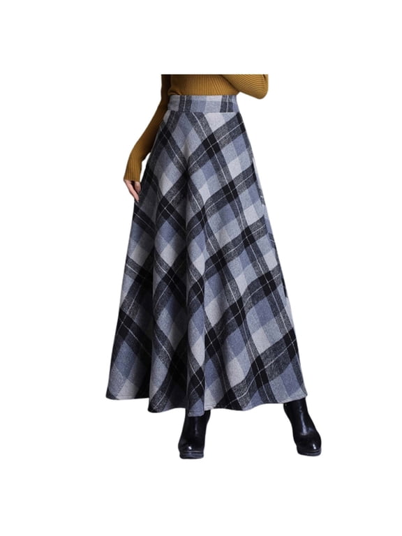 Women's Plaid Maxi Skirts Warm Elastic High Waist Wool A-Line Pleated Tartan Winter Long Skirts Soft Comfort 2025 Fashion Checkered Print Kilt Long Dress Grey S