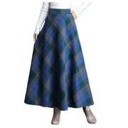 Arlun Womens Plaid Maxi Skirts Warm Elastic High Waist Wool A-Line Pleated Tartan Winter Long Skirts Soft Comfort 2025 Fashion Checkered Print Kilt Long Dress Blue S