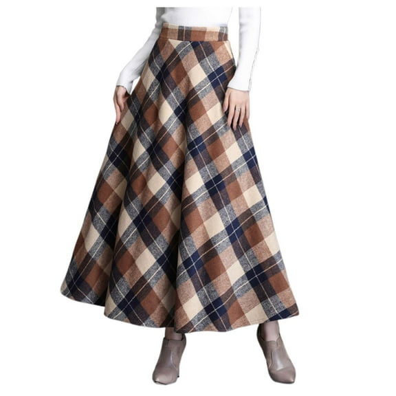 Arlun Women's Plaid Maxi Skirts Warm Elastic High Waist Wool A-Line Pleated Tartan Winter Long Skirts Soft Comfort 2025 Fashion Checkered Print Kilt Long Dress Khaki XXL