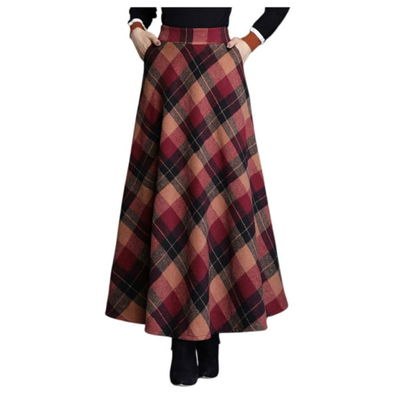 Arlun Women's Plaid Maxi Skirts Warm Elastic High Waist Wool A-Line Pleated Tartan Winter Long Skirts Soft Comfort 2025 Fashion Checkered Print Kilt Long Dress Red XL