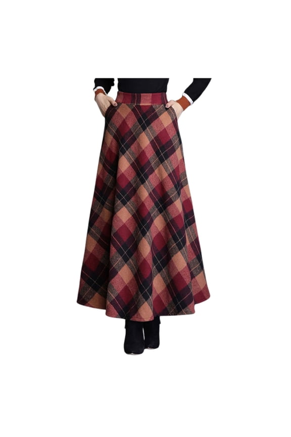 Women's Plaid Maxi Skirts Warm Elastic High Waist Wool A-Line Pleated Tartan Winter Long Skirts Soft Comfort 2025 Fashion Checkered Print Kilt Long Dress Red S