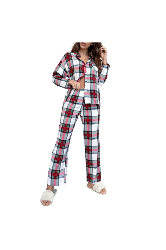 Women's Plaid Pajama Sets Long Sleeve Button Down Sleepwear Wide Leg Elastic Waisted Trousers Nightwear Lightweight Breathable Soft Fashion Checkered Loungewear Sets White M