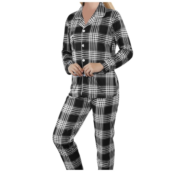 Arlun Women's Plaid Pajama Sets Long Sleeve Button Down Sleepwear Wide Leg Elastic Waisted Trousers Nightwear Lightweight Breathable Soft Fashion Checkered Loungewear Sets Black M