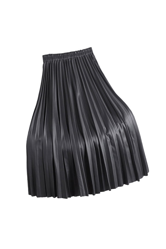Women's Pleated PU Leather a Line Maxi Skirt Elastic High Waist Solid Color Soft Comfort Pencil Skirts for 2025 Fall Winter Fashion Korean Style Casual Wear Black One Size