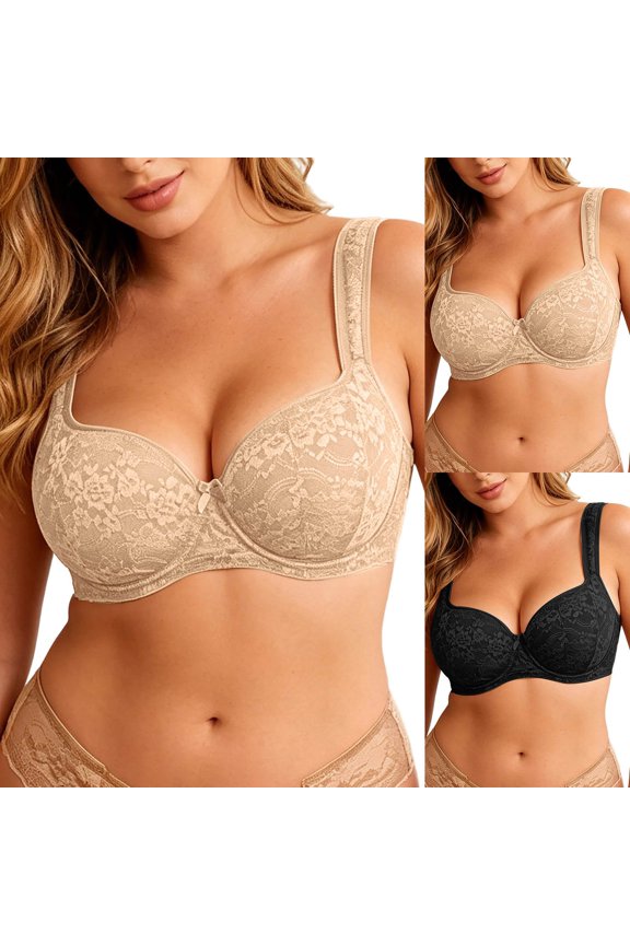Women's Plus Size Full Coverage Push up Bras Adjustable Shoulder Straps Lightly Padded Bralettes Elegant Lace Front and U-Back Breathable Comfort Everyday T-Shirt Bra 1-Black 75G