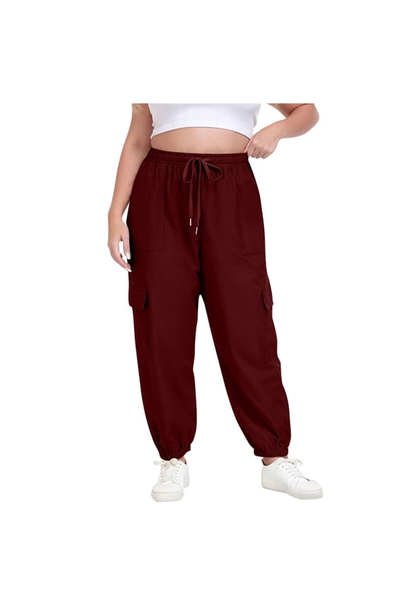 Women's Plus Size Jogger Pants Drawstring Elastic Waisted and Stretch Tapered Leg Solid Color Cargo Pants Summer Lightweight Soft Comfort Sports Workout Wear Red XXXL