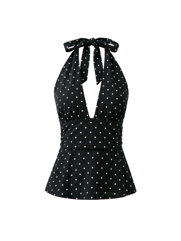 Women's Polka Dots Print Halter Crop Tops Deep V-Neck Ruched Waisted Tie Backless Cami Summer Slim Fit Sleeveless Ruffle Hem Vintage Camisole 2026 Fashion Going out Top 3-Black S