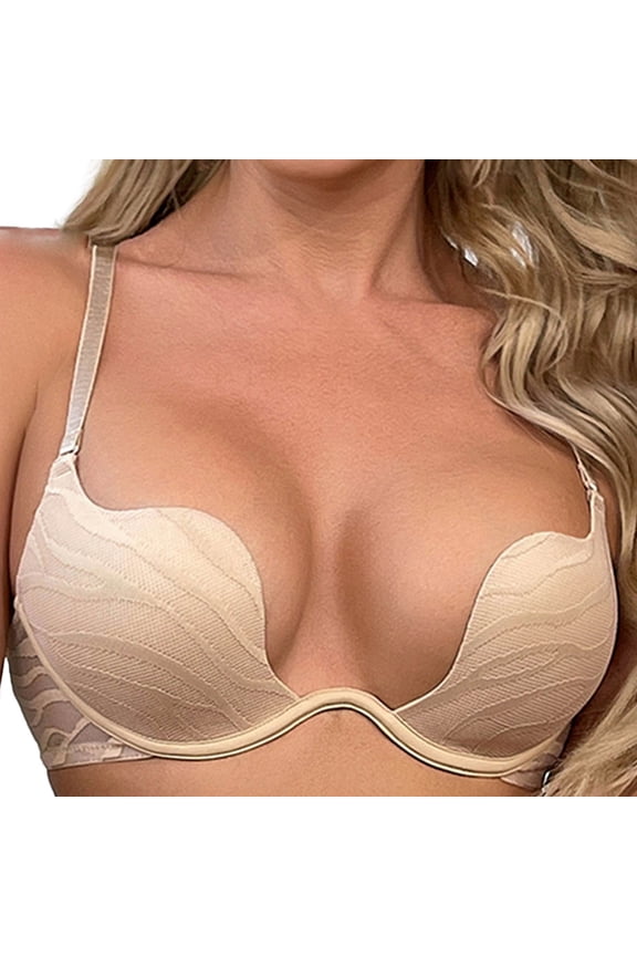 Women's Push Up Bralettes Deep V Plunge Padded Low Cut Bras Wireless Smooth Seamless Striped Printed Bralettes Thin Comfy Breathable Bra Beige 80A