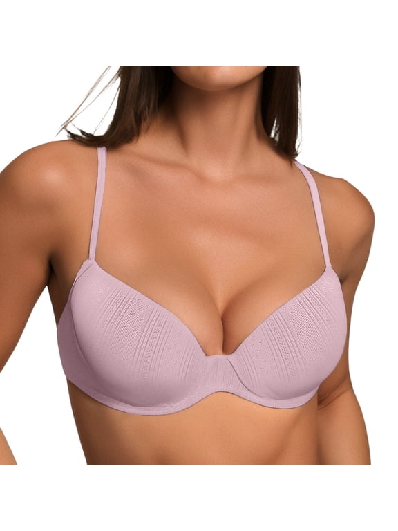 ,Women's Push up Underwire Bras Comfort Full Coverage Soft Cozy Ribbing Bra Seamless Support Solid Color Thin Breathable Bralettes for Everyday Wear Light Purple A