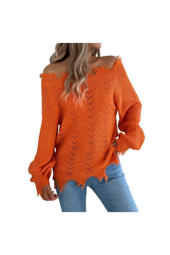 Women's Raw Hem Distressed off Shoulder Pullover Sweaters Casual Hollow out Long Sleeve Loose Fit Solid Knit Tops Loose Fit Knit Solid Color Sweaters Orange L