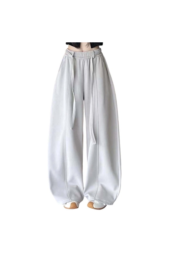 Women's Retro Saber Cut Casual Pants Drawstring High Waist Flowy Wide Leg Trousers with Dragging Hem for Autumn Winter Solid Color Soft Comfortable Sweatpants Grey L