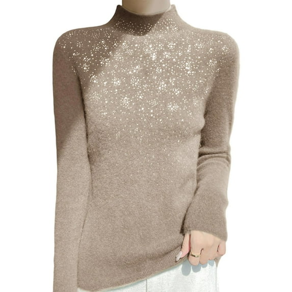 Arlun Women's Rhinestone Sweaters Cozy Turtleneck Slim Fit Long Sleeve Casual Pullovers 2025 Fall Winter Comfortable Soft Solid Color Base Layer Knitted Sweater Tops Khaki XXL