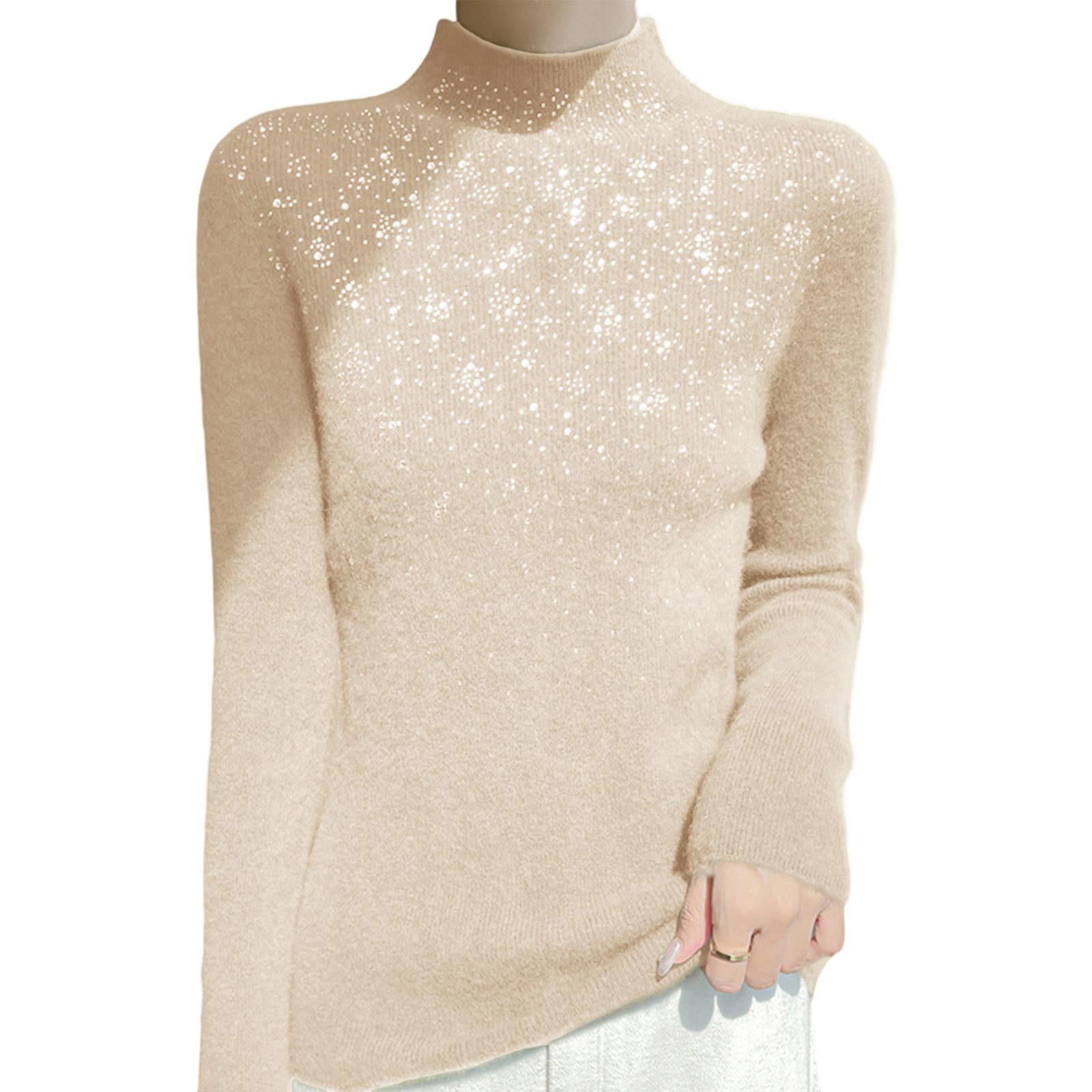 Arlun Women's Rhinestone Sweaters Cozy Turtleneck Slim Fit Long Sleeve ...