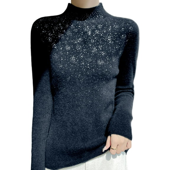 Arlun Women's Rhinestone Sweaters Cozy Turtleneck Slim Fit Long Sleeve Casual Pullovers 2025 Fall Winter Comfortable Soft Solid Color Base Layer Knitted Sweater Tops Black XL