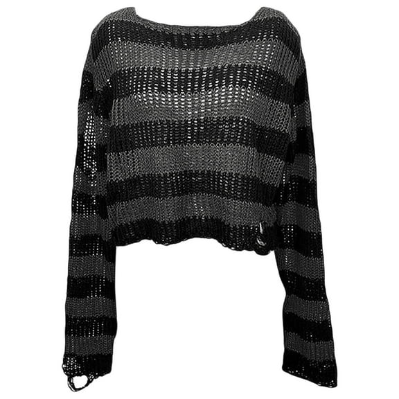 Arlun Women's Round Neck Crochet Pullover Sweaters Color Block Gothic Punk Ripped Knitted Tops Trendy Long Sleeve Striped Cropper Sweater 2025 Fall Winter Clothes Grey One Size