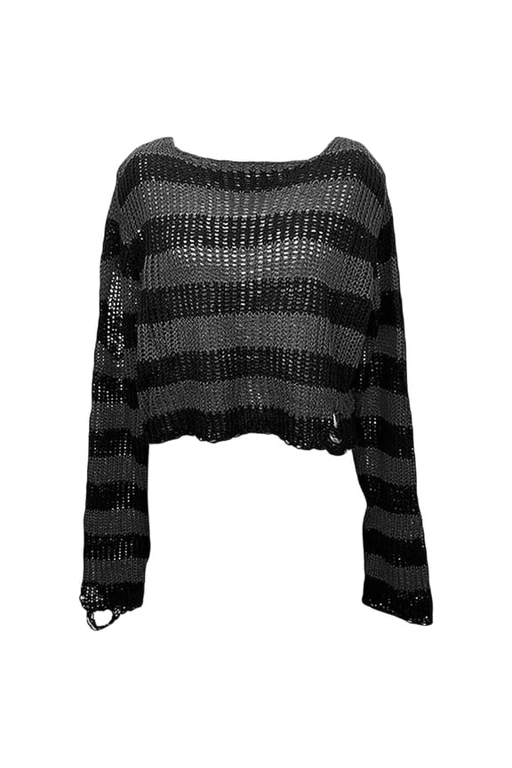 Women's Round Neck Crochet Pullover Sweaters Color Block Gothic Punk Ripped Knitted Tops Trendy Long Sleeve Striped Cropper Sweater 2025 Fall Winter Clothes Grey One Size