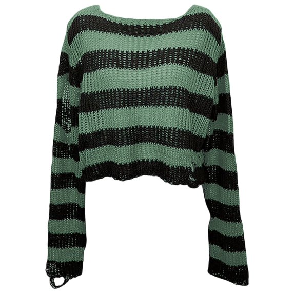 Arlun Women's Round Neck Crochet Pullover Sweaters Color Block Gothic Punk Ripped Knitted Tops Trendy Long Sleeve Striped Cropper Sweater 2025 Fall Winter Clothes Green One Size